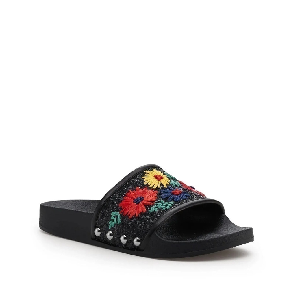 freda Floral Bright Daisy Slide Sandal Slip On Black Glitter 7 - Picture 2 of 11